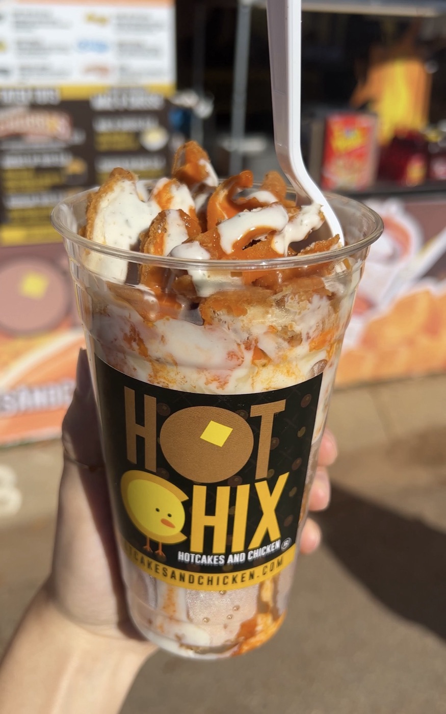 A layered hotcake cup from Hot Chix Hotcakes and Chicken at the NC State Fair